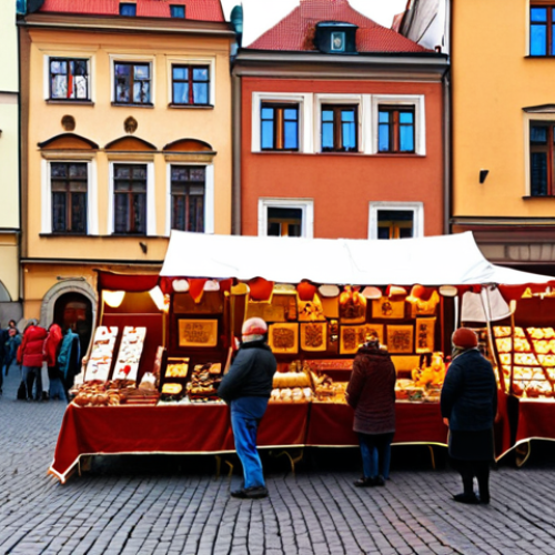 **Prompt 1:** A vibrant street market scene in Krakow's Old Town square, featuring traditional Polish folk art stalls, amber jewelry, and vendors selling "oscypek" smoked cheese. Include a mix of local people and tourists enjoying the atmosphere under a clear, autumn sky. The image should convey a sense of bustling activity and historical charm, rendered in a realistic, slightly whimsical style with warm lighting.